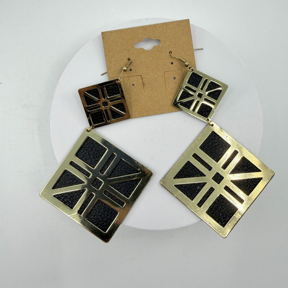 Statement Gold Tone Geometric Black Texture Drop Earrings Festival Accessory